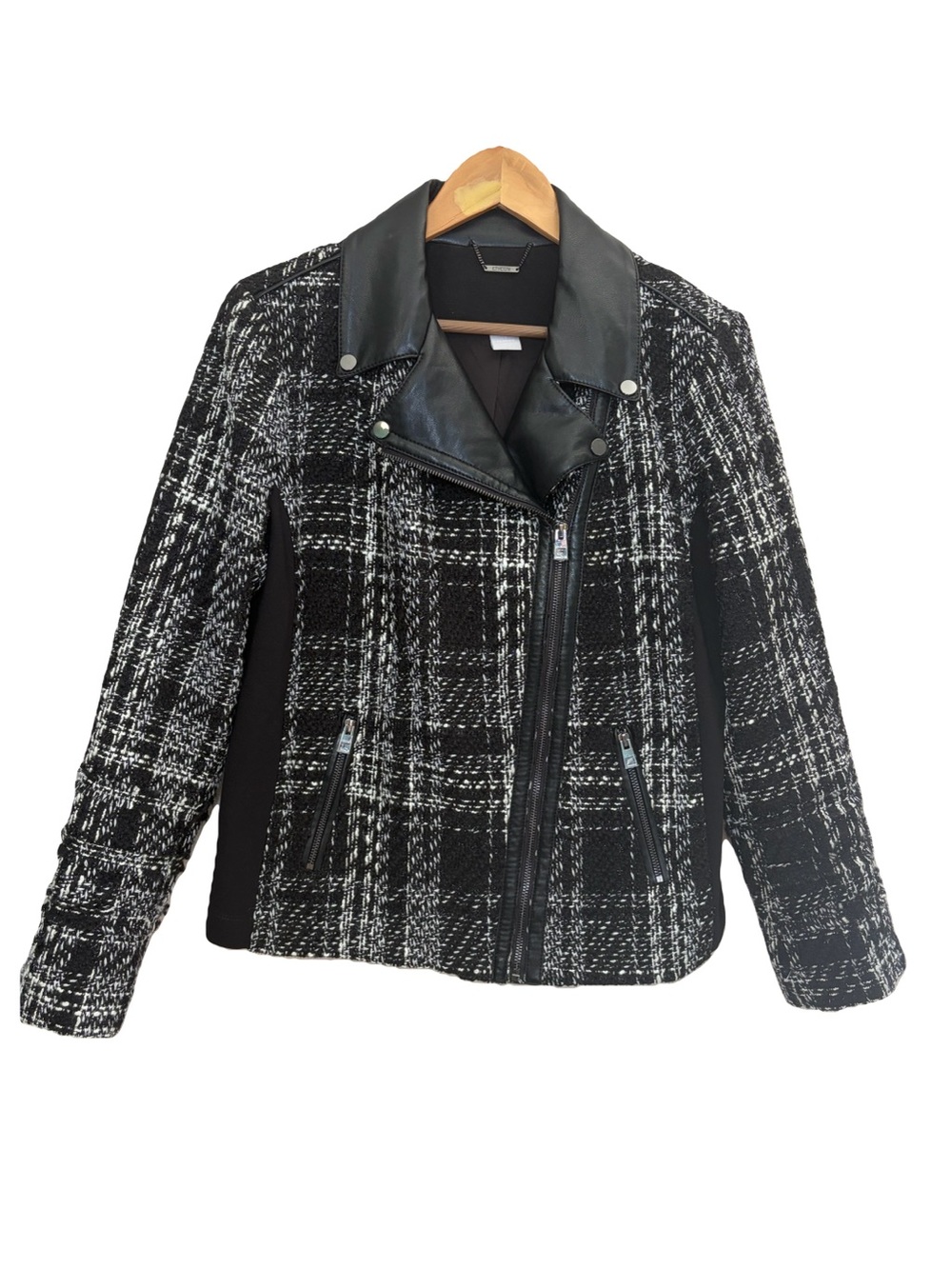 Chico's Tweed and Faux Leather Moto jacket Sz 1 (8/10) Black & White Plaid